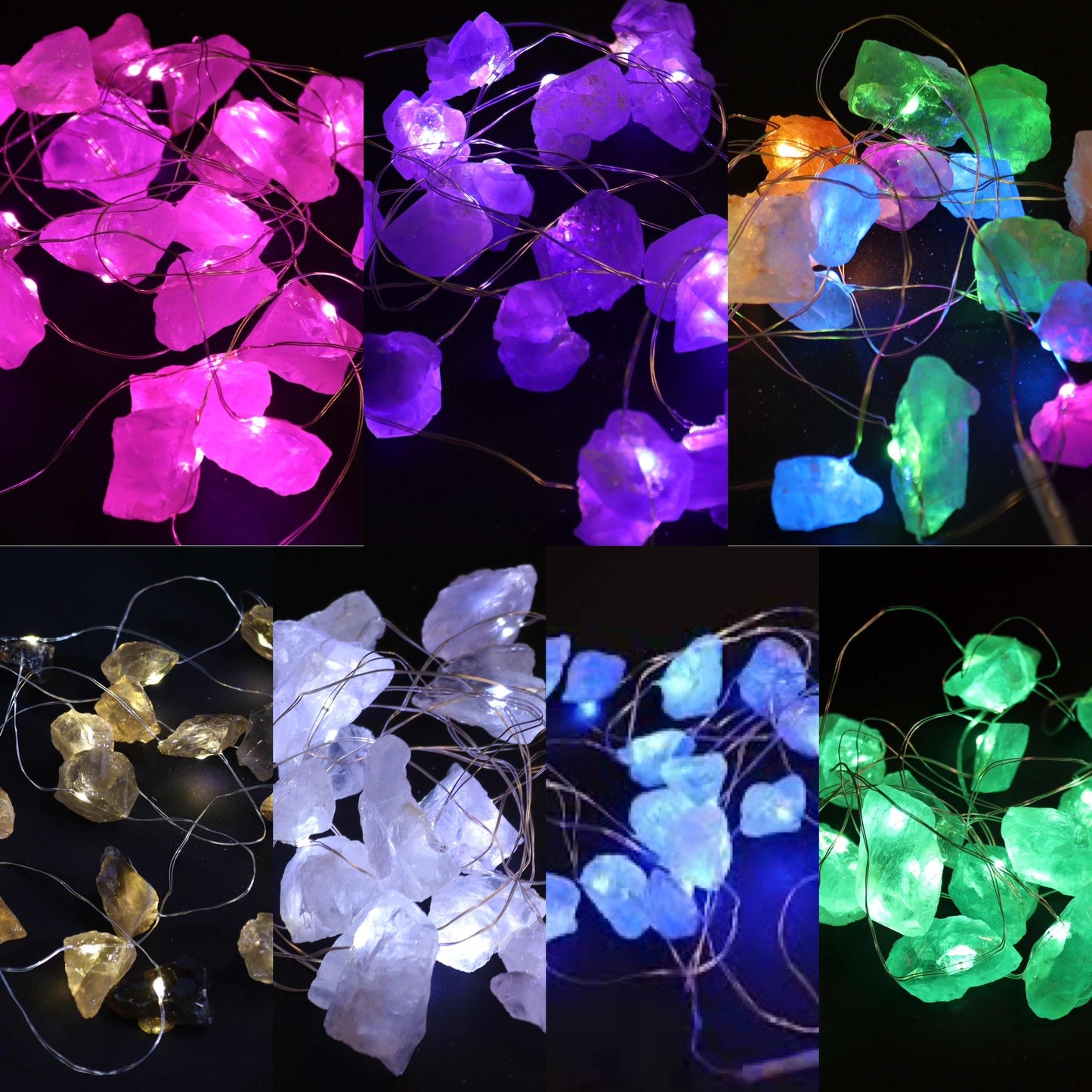 A collection of Gemstone Enchantment Rock Lights illuminated, showing all coloured crystals.