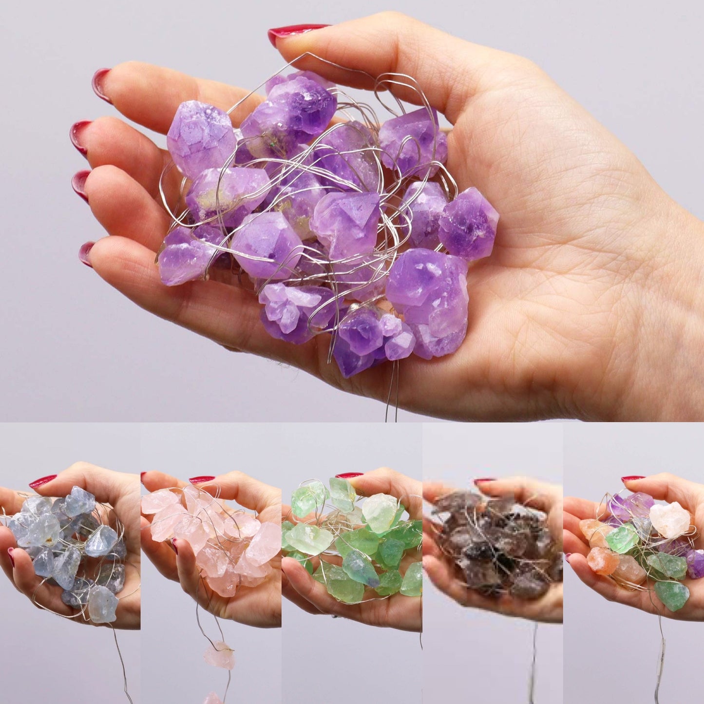 various hands holding a collection each of Gemstone Enchantment Rock Lights.
