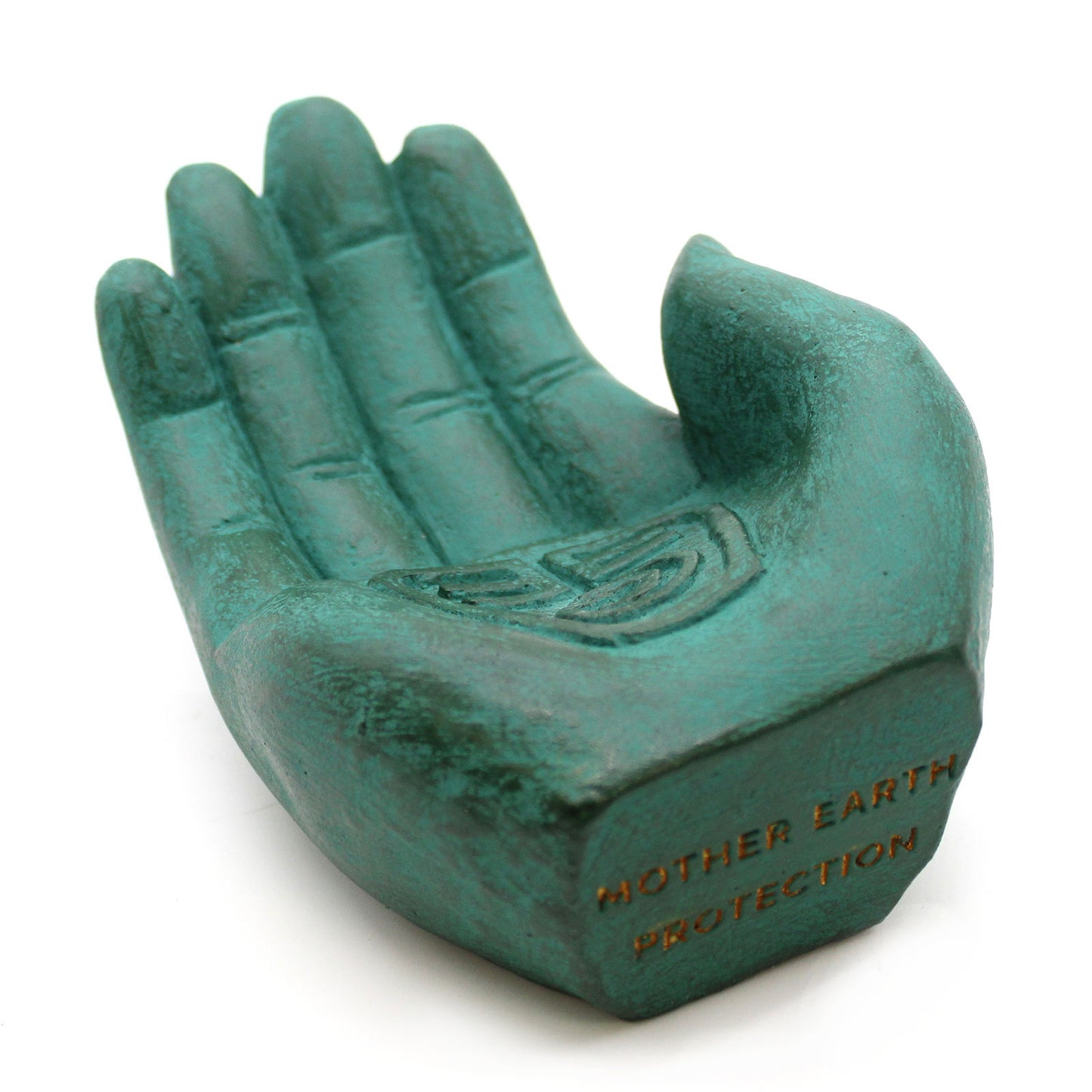 Green hand-shaped incense burner with incense stick with white background