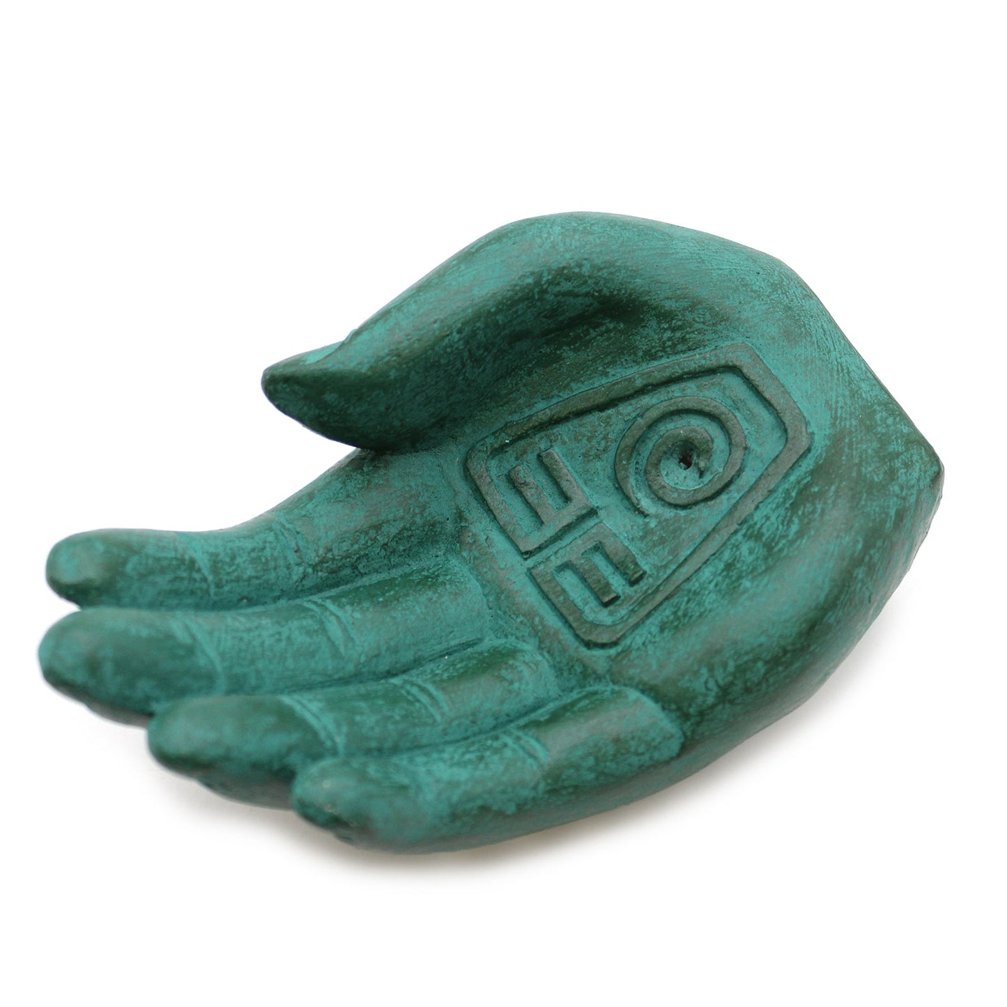Green hand-shaped incense burner with incense stick with white background
