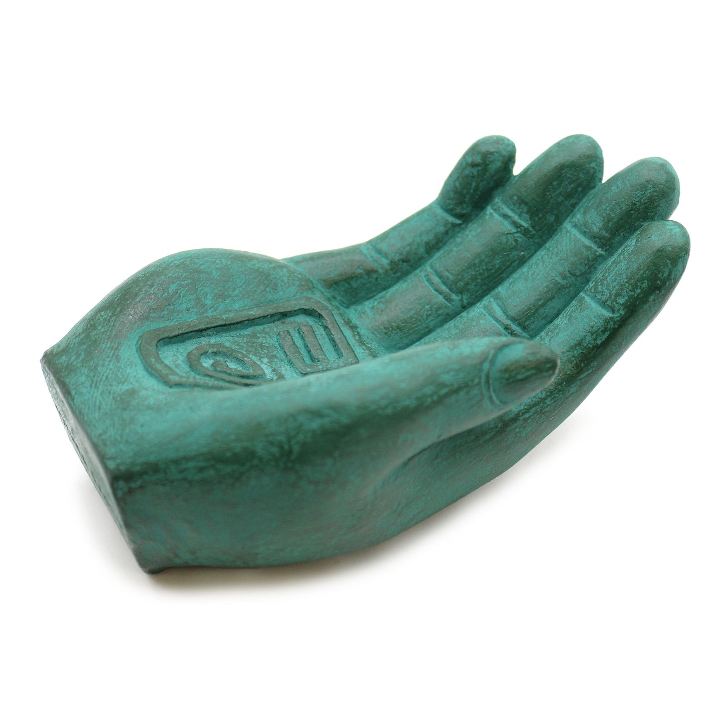 Green hand-shaped incense burner with incense stick with white background