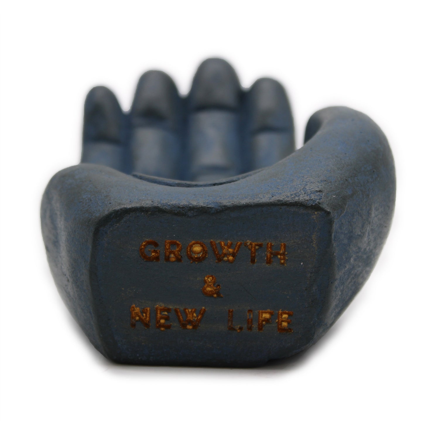 Blue hand-shaped incense burner with white background