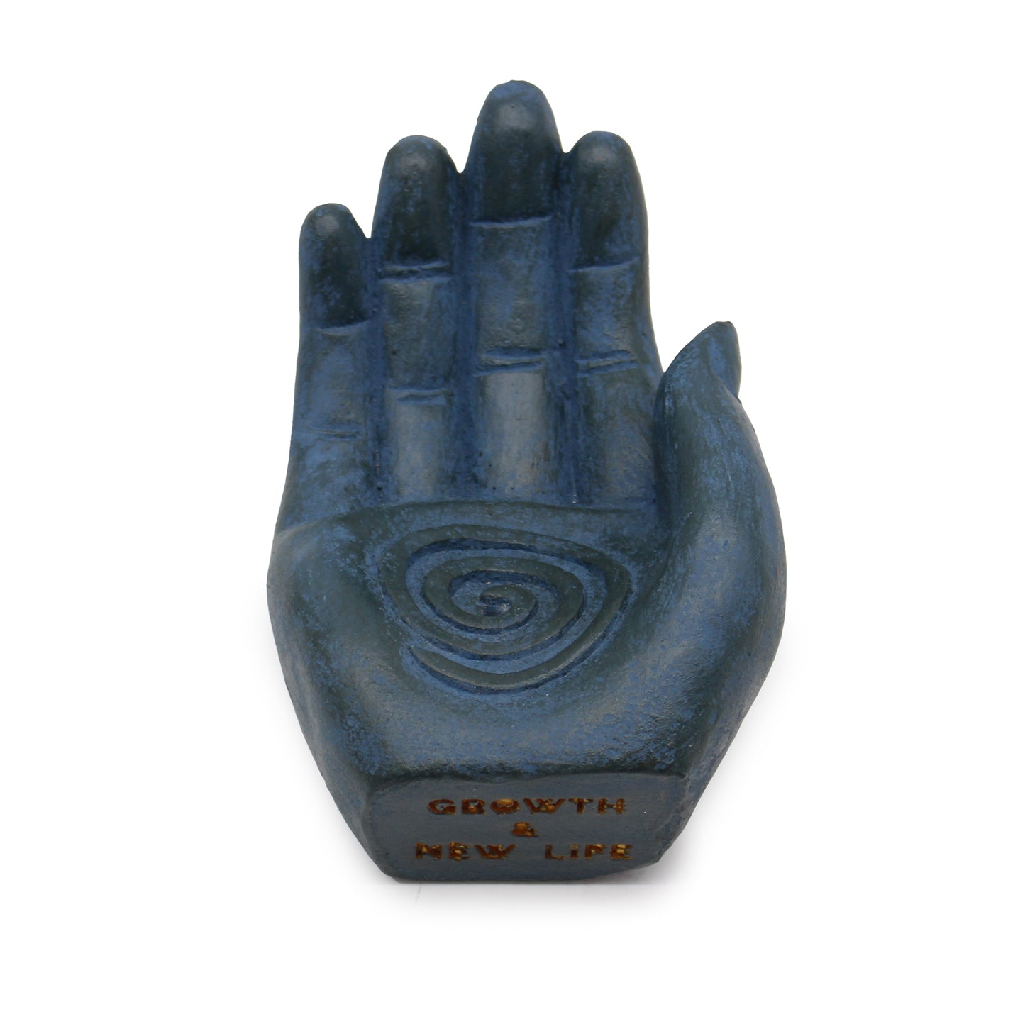 Blue hand-shaped incense burner with white background