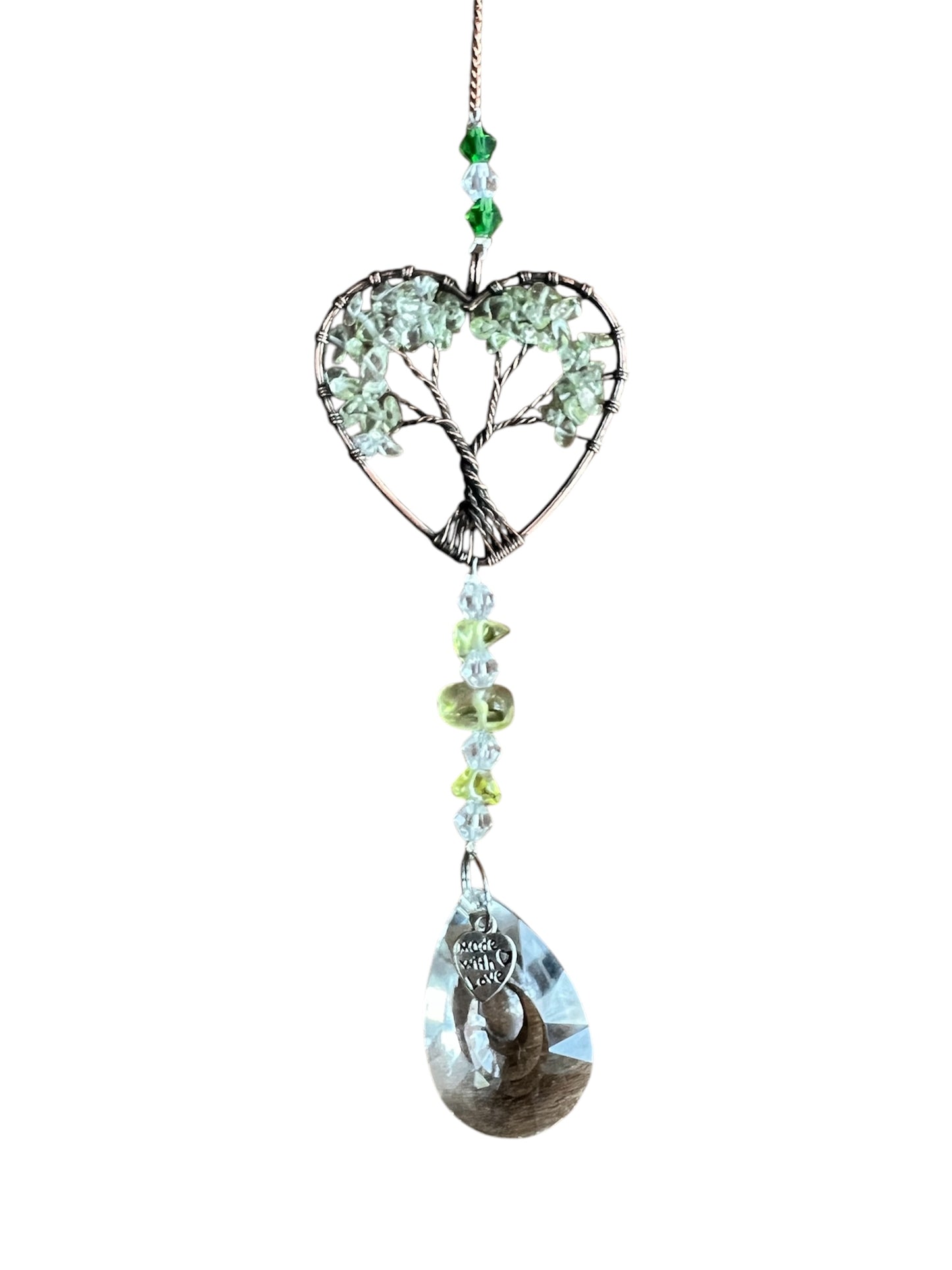 Peridot Heart-Shaped Tree of Life Crystal Suncatcher Window Hanging Decor