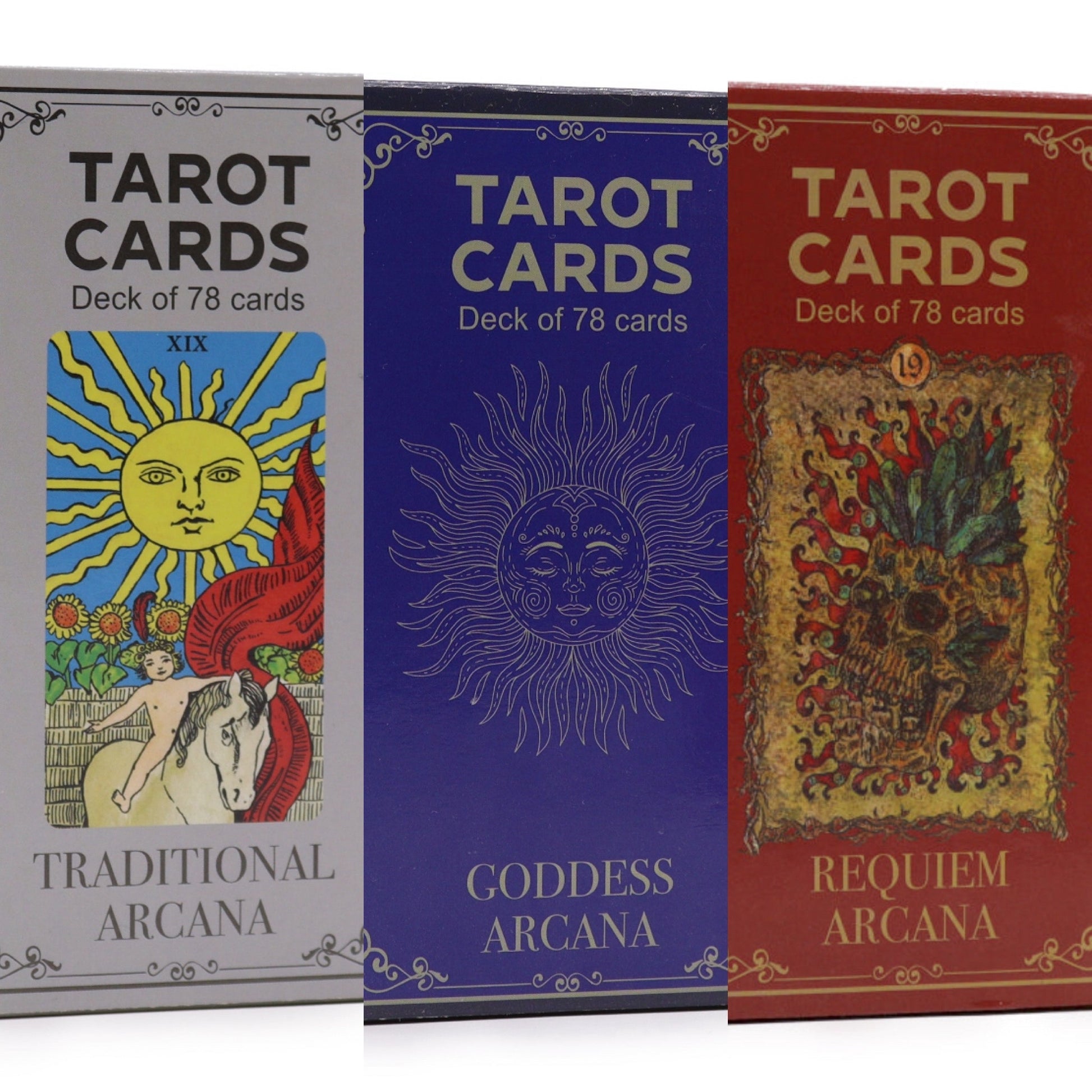 Three tarot card decks with different designs and names on their covers.