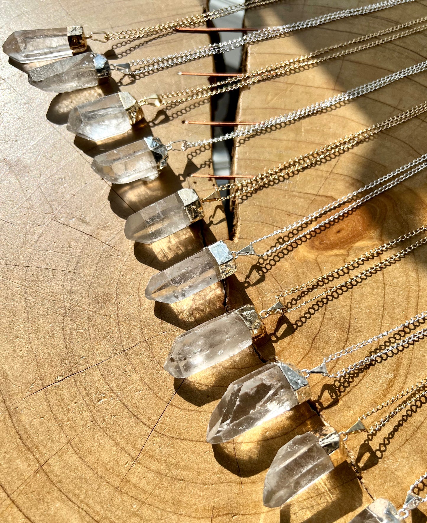 Clear Rock Quartz Rough Point Electroplated Pendant Necklace