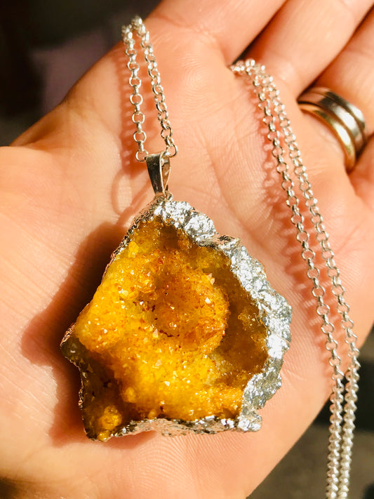 Druzy Crystal Healing Quartz Slice Pendant Necklace - Mustard - Crystal Boutique.co.uk