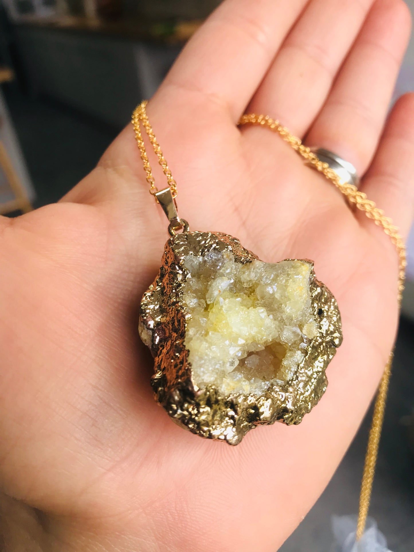 Druzy Crystal Healing Quartz Geode Pendant Necklace - Yellow - Crystal Boutique.co.uk