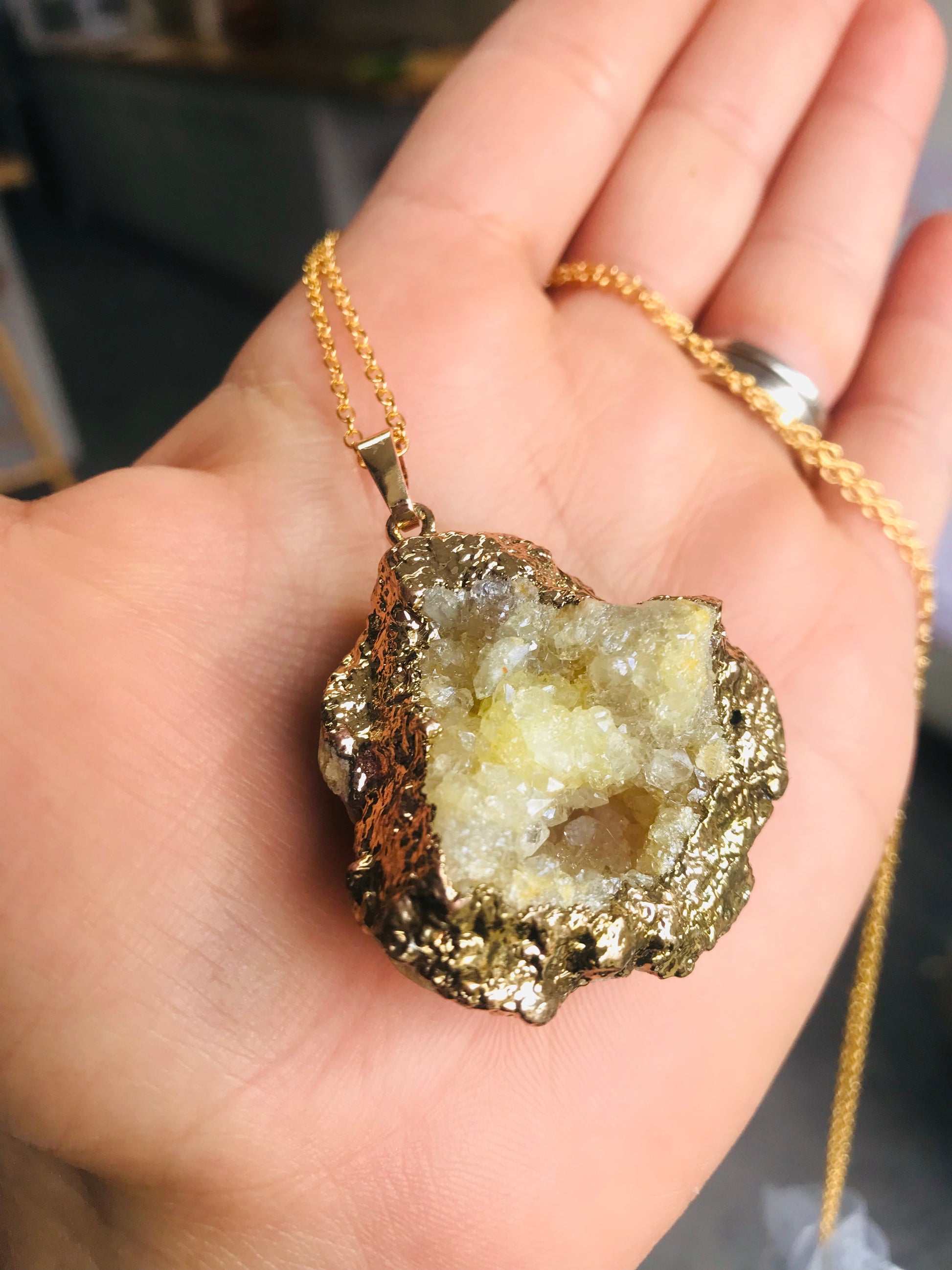 Druzy Crystal Healing Quartz Geode Pendant Necklace - Yellow - Crystal Boutique.co.uk