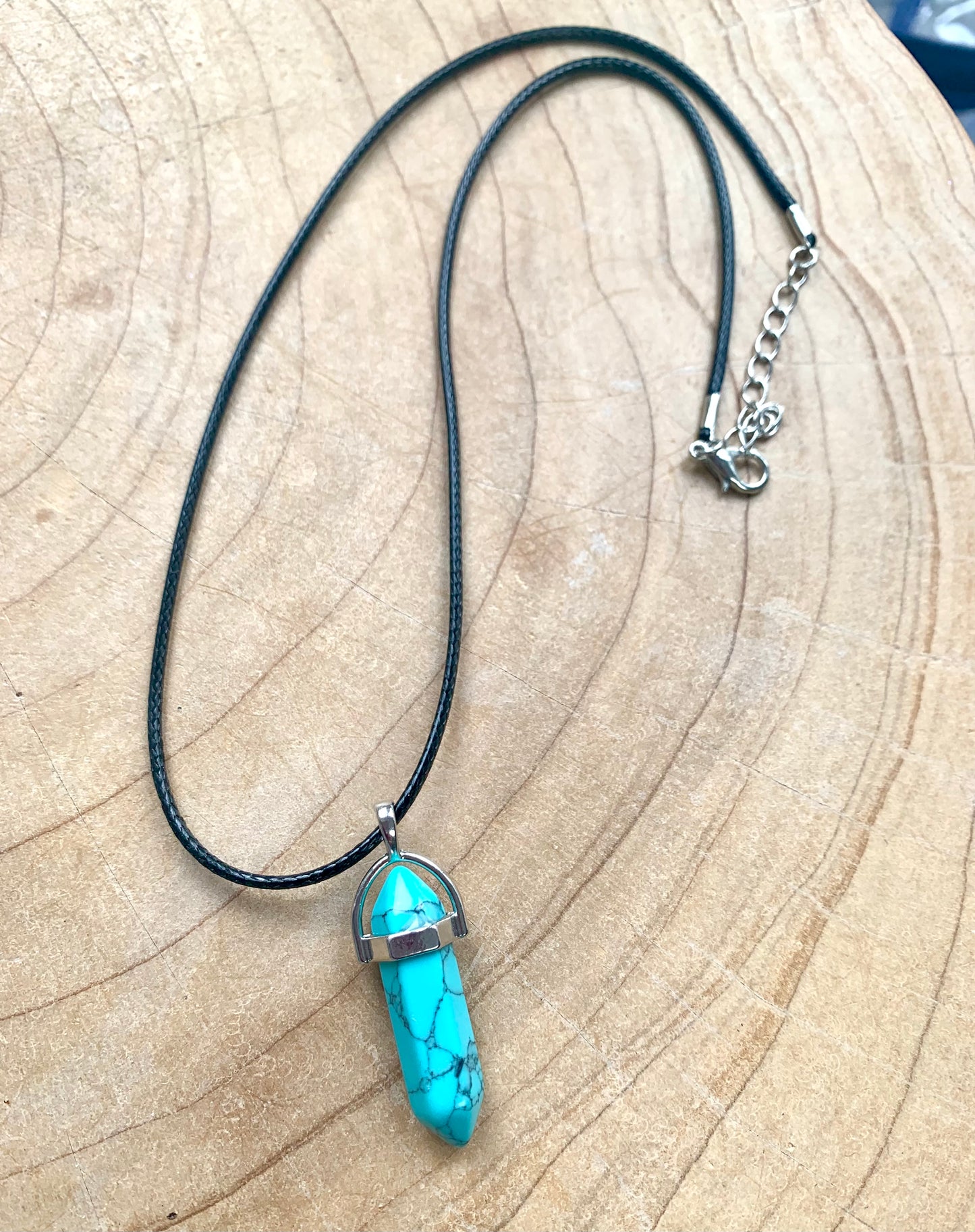 Crystal Point Quartz Gemstone Pendant Black Leather Corded Necklace
