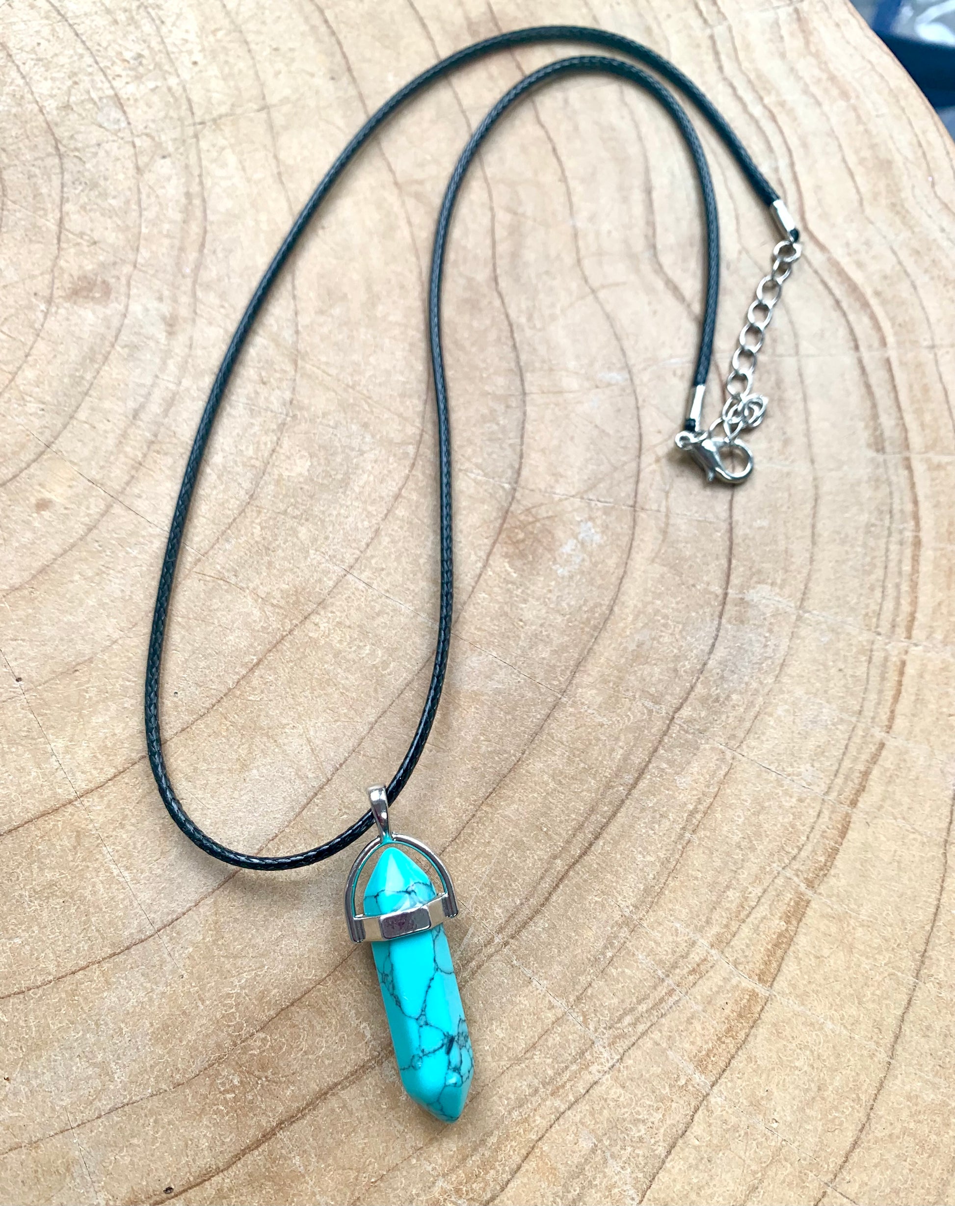 Crystal Point Quartz Gemstone Pendant Black Leather Corded Necklace