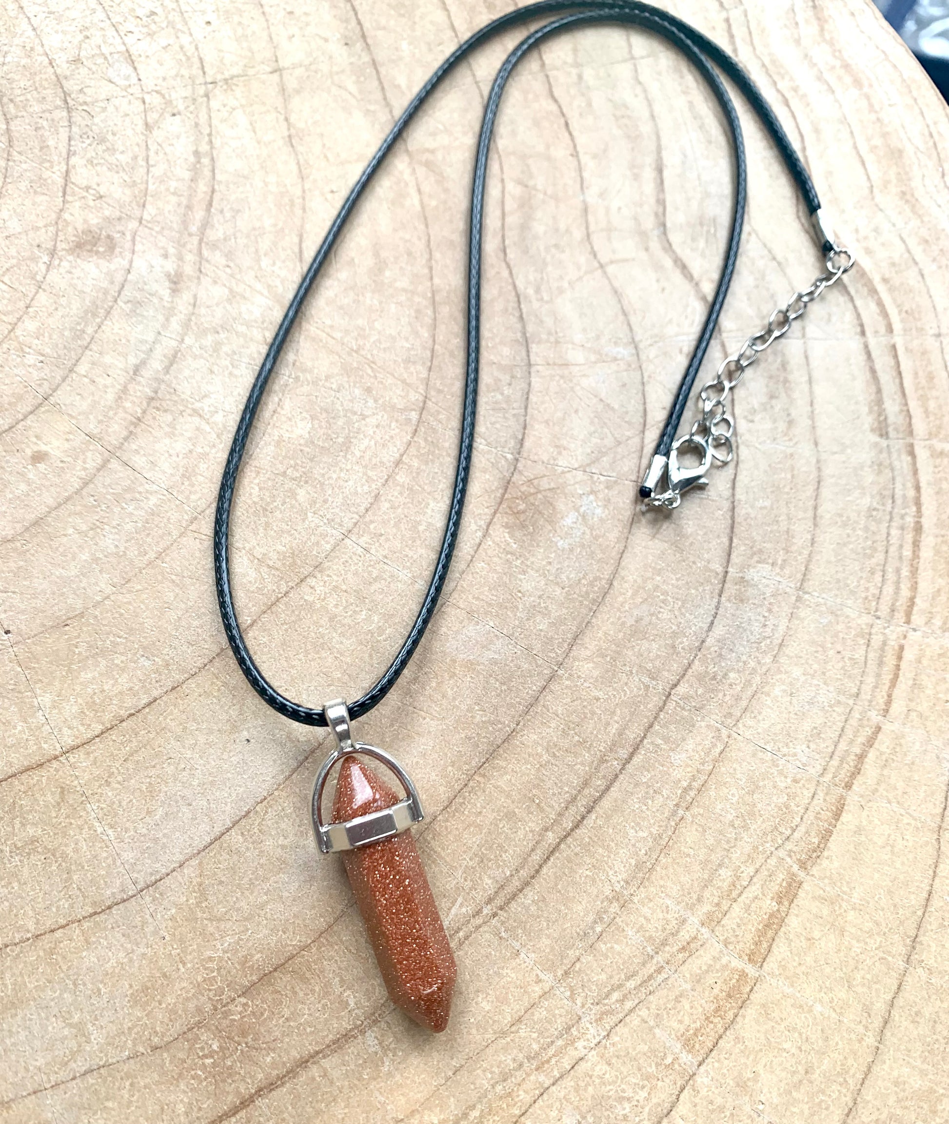 Crystal Point Quartz Gemstone Pendant Black Leather Corded Necklace