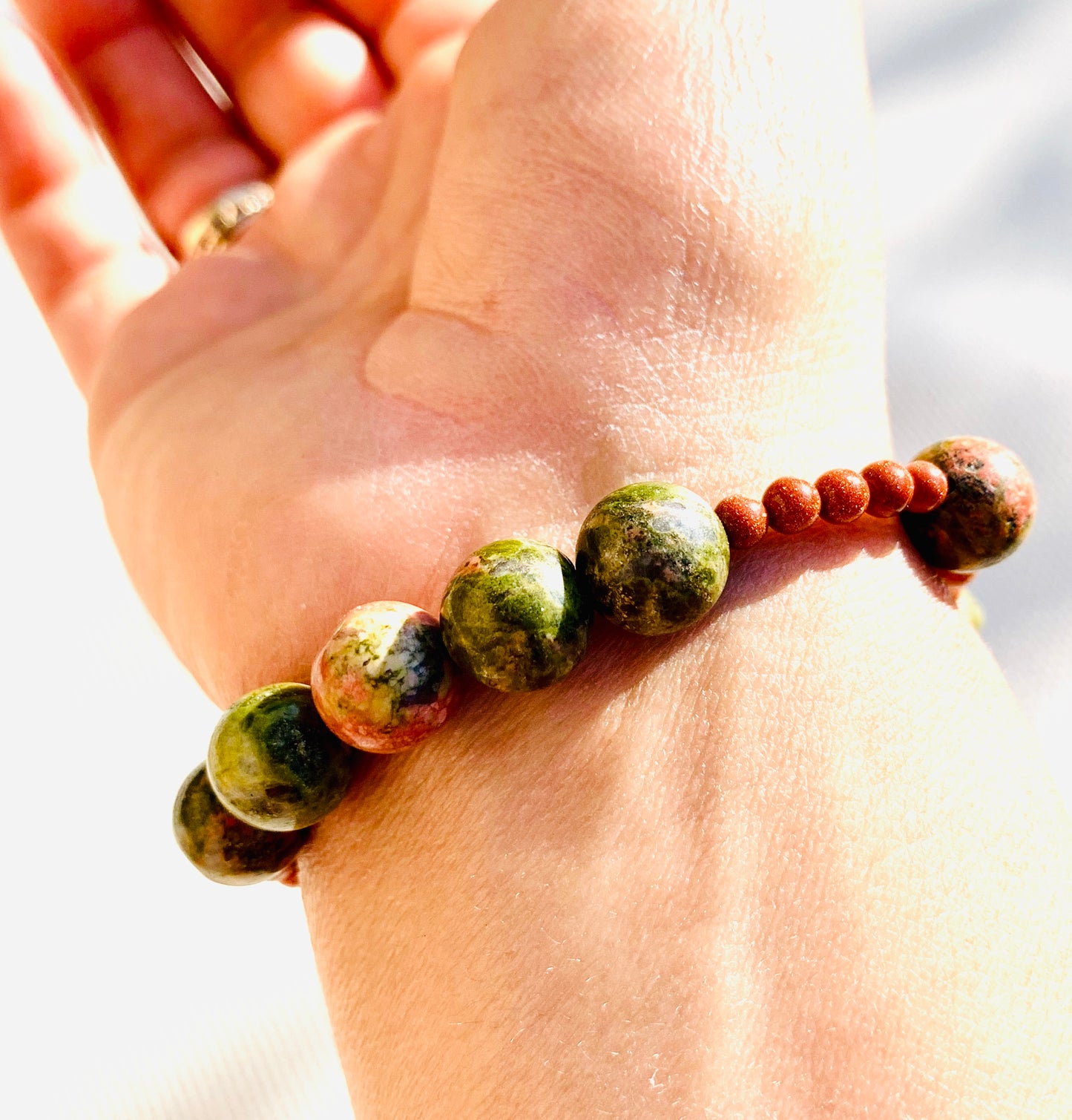 Unakite Jasper & Goldstone Handmade Crystal Healing Bracelet - Crystalboutique.co.uk