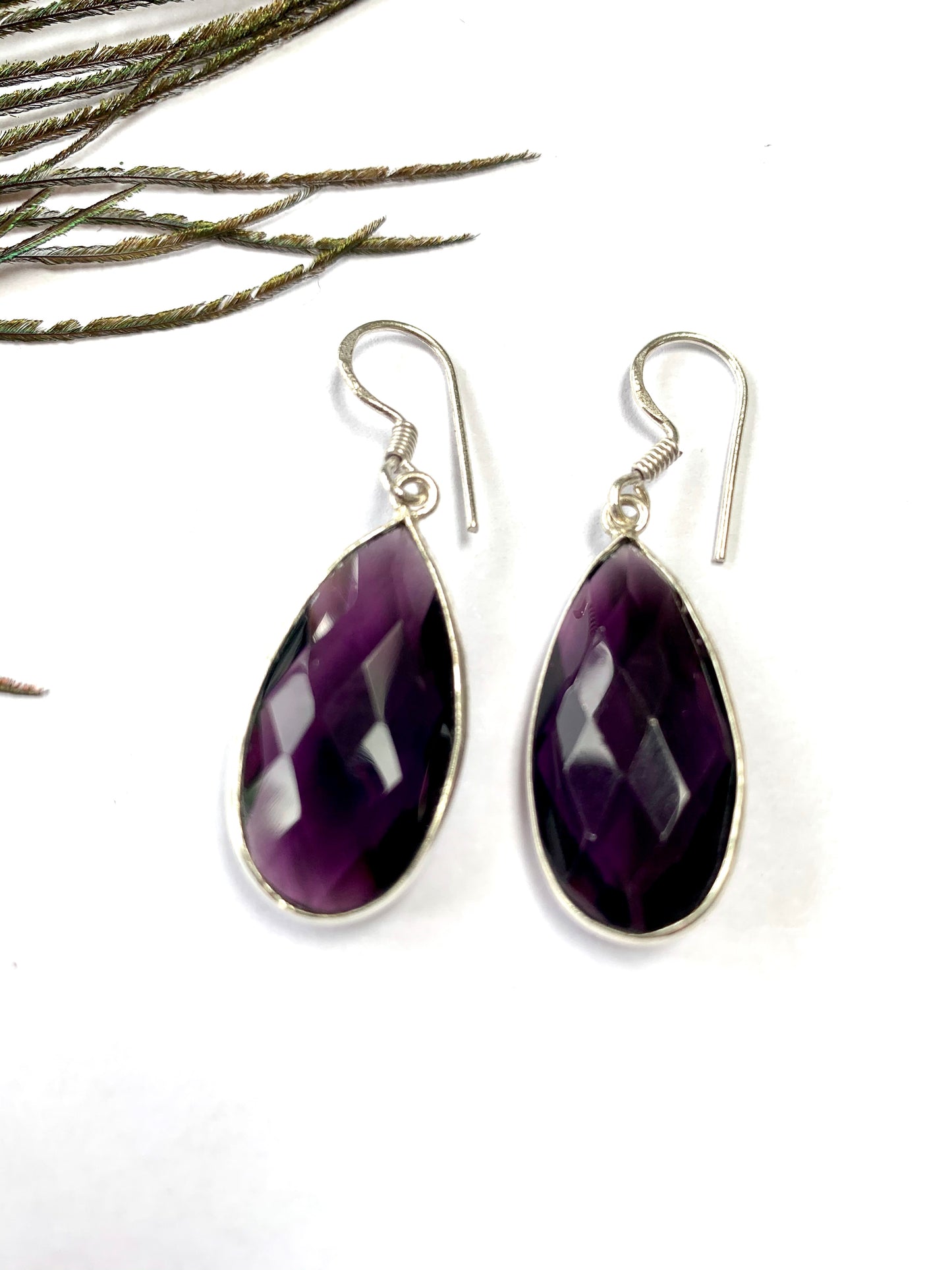 Amethyst Faceted Crystal Teardrop Gemstone Dangle Earrings