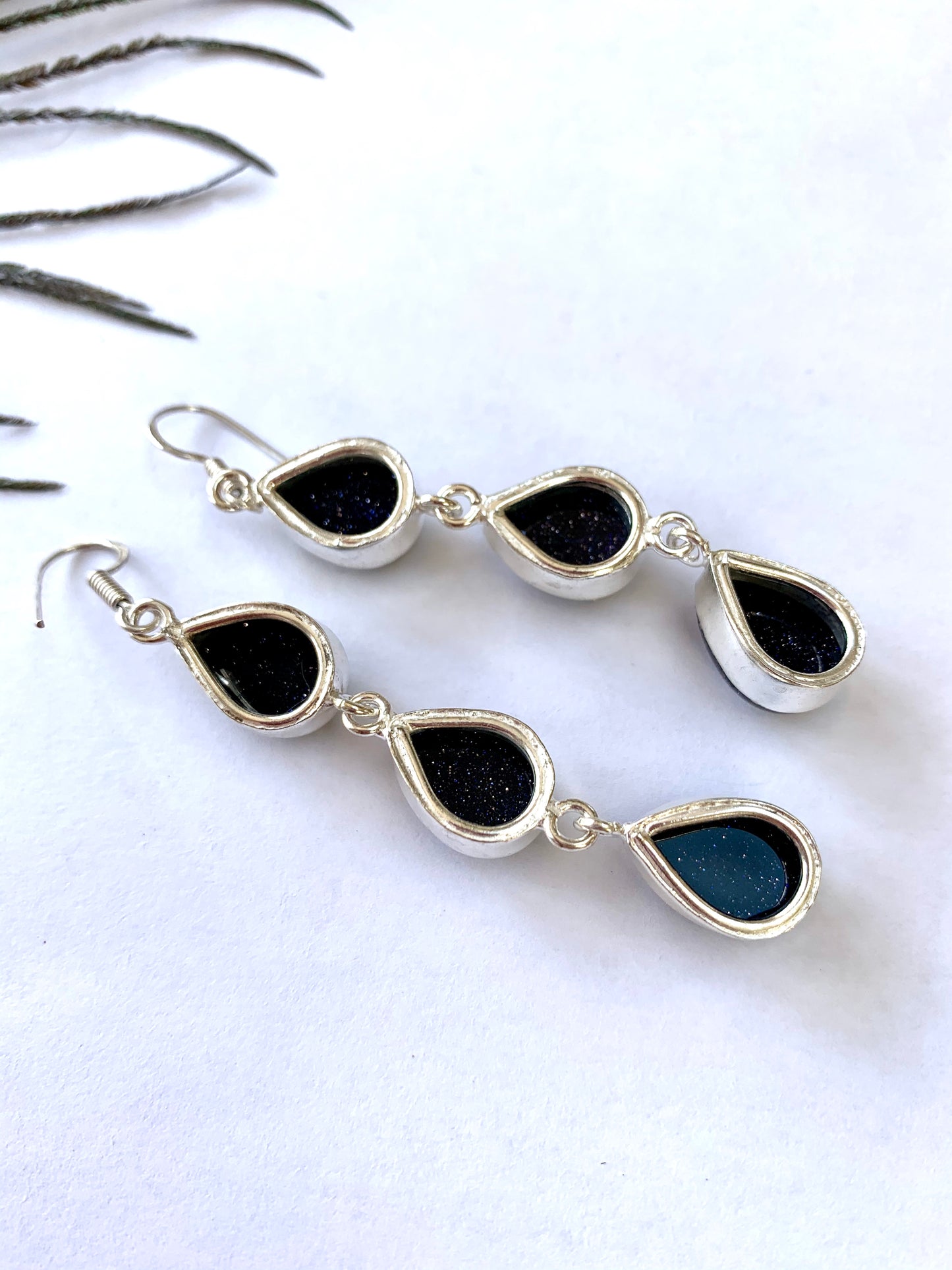 Blue Goldstone 3 Stone Gemstone Dangle Earrings - Crystalboutique.co.uk