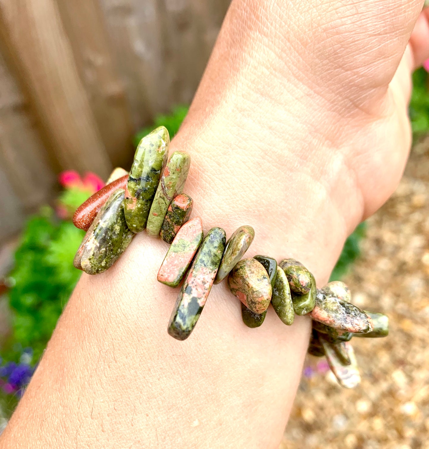 Unakite Jasper & Goldstone Crystal Bracelet - Crystalboutique.co.uk
