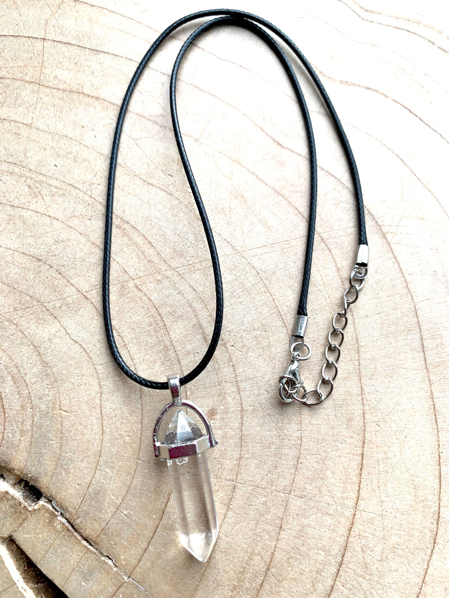 Crystal Point Quartz Gemstone Pendant Black Leather Corded Necklace