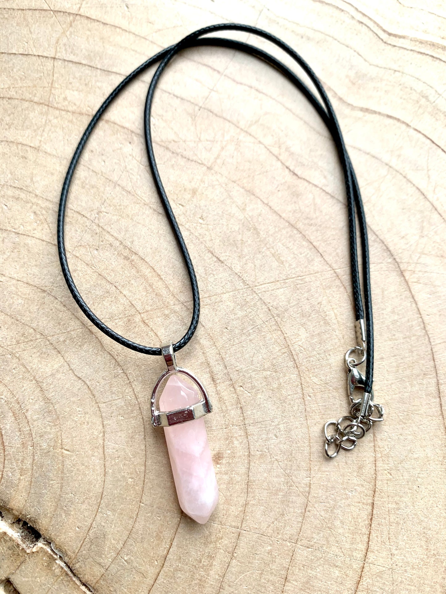 Crystal Point Quartz Gemstone Pendant Black Leather Corded Necklace
