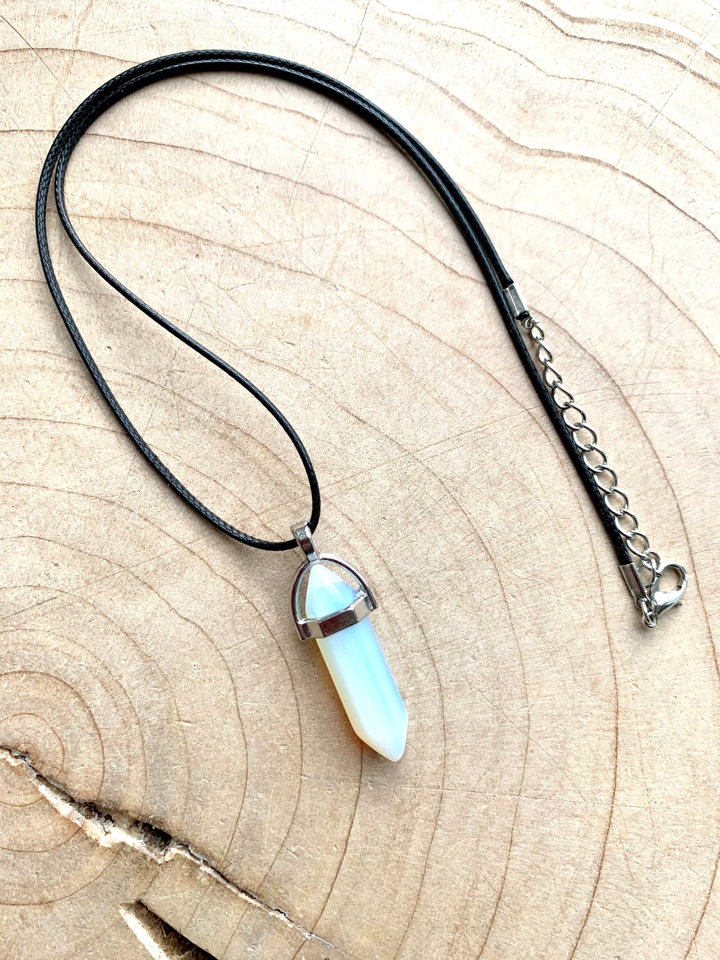 Crystal Point Quartz Gemstone Pendant Black Leather Corded Necklace