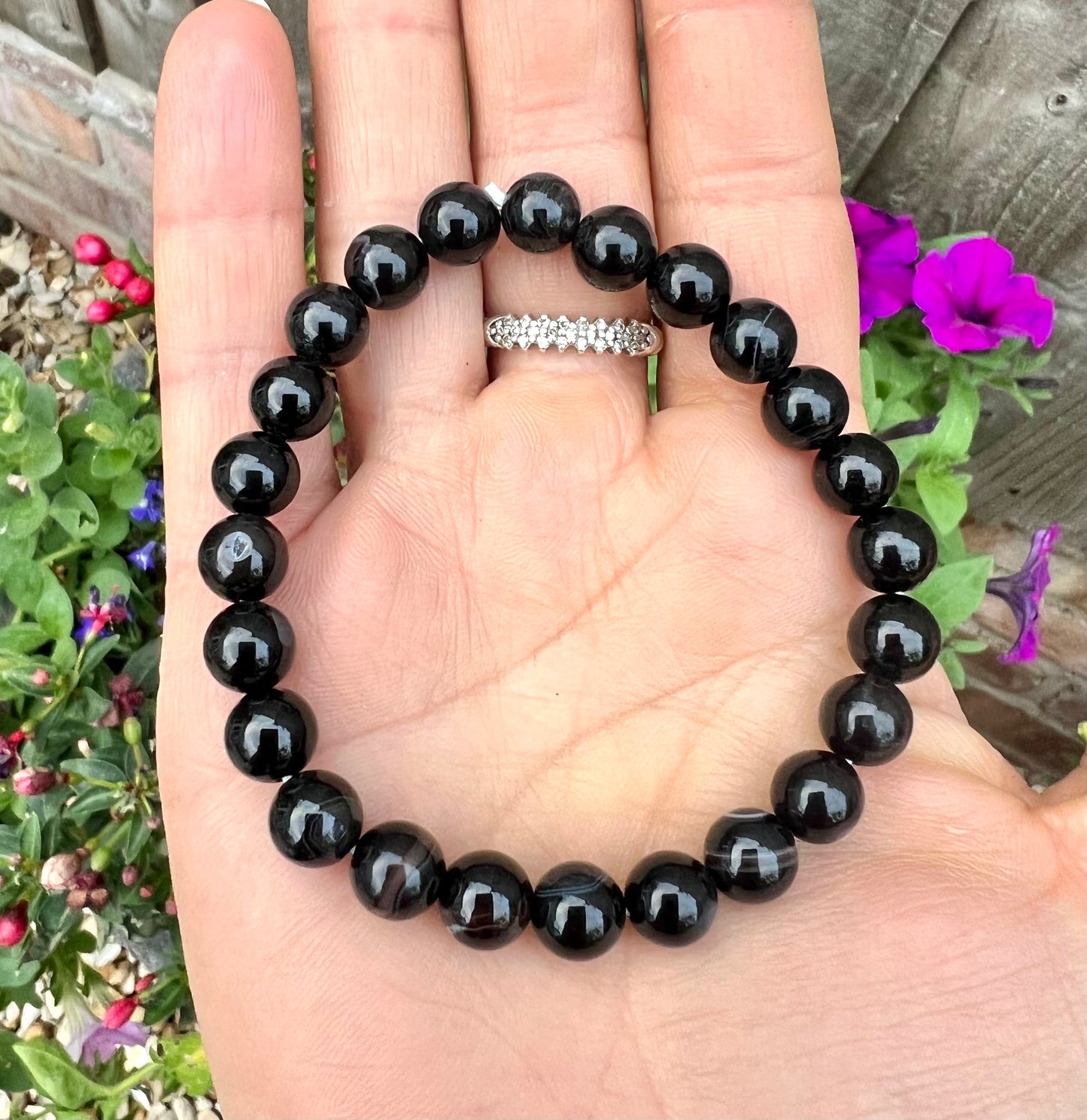 Black Agate Crystal Gemstone Round Bead Power Bracelet