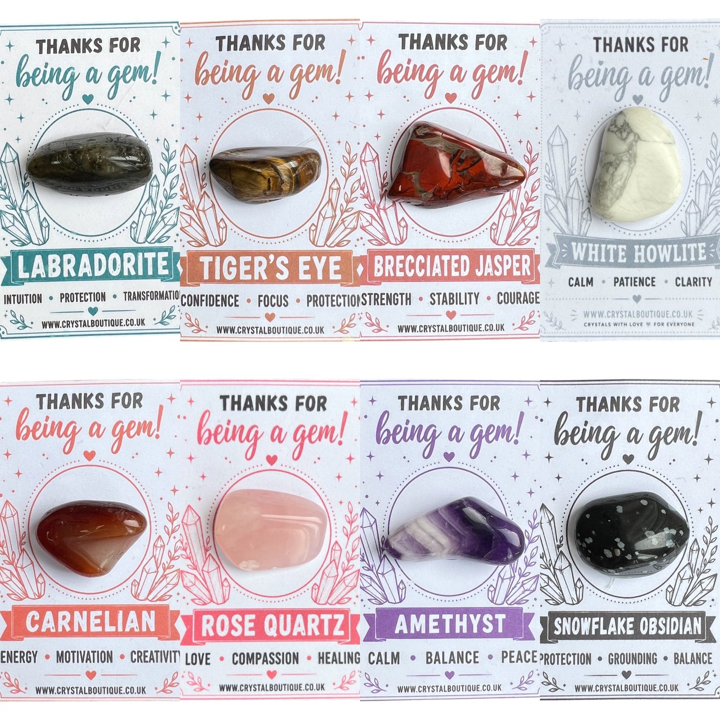 Card with images of crystals and their names and properties