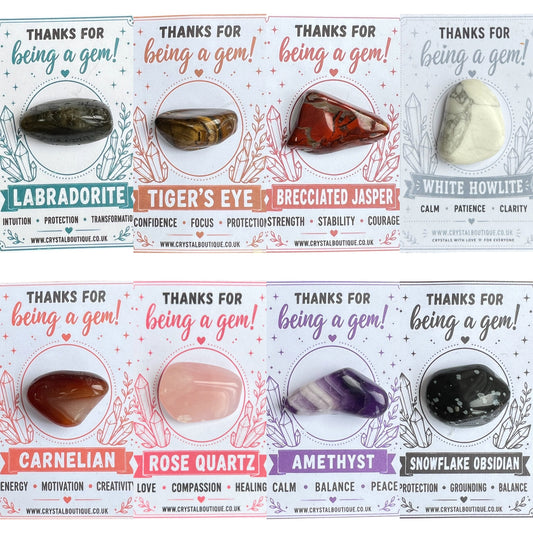 Card with images of crystals and their names and properties