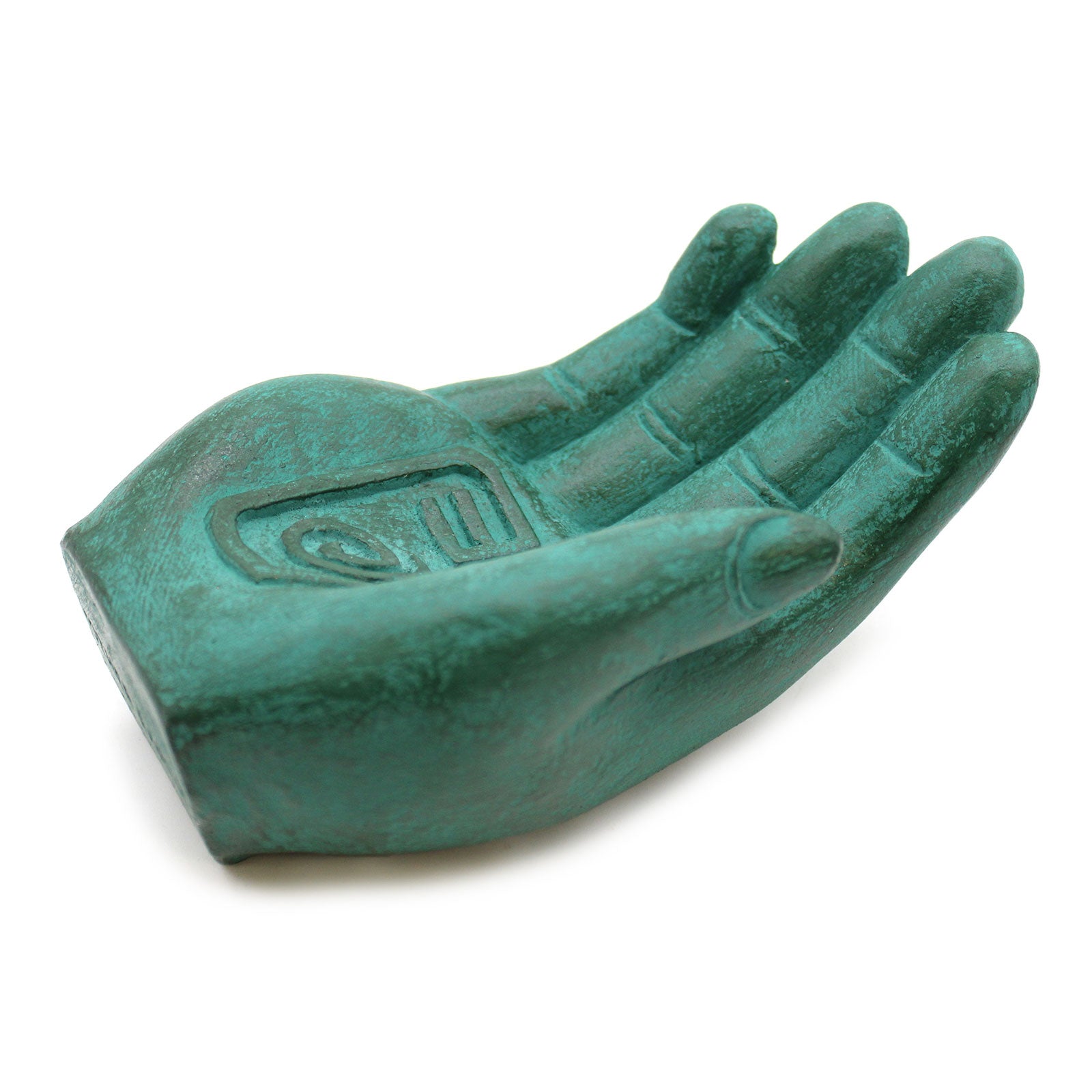 Green hand-shaped incense burner with incense stick with white background