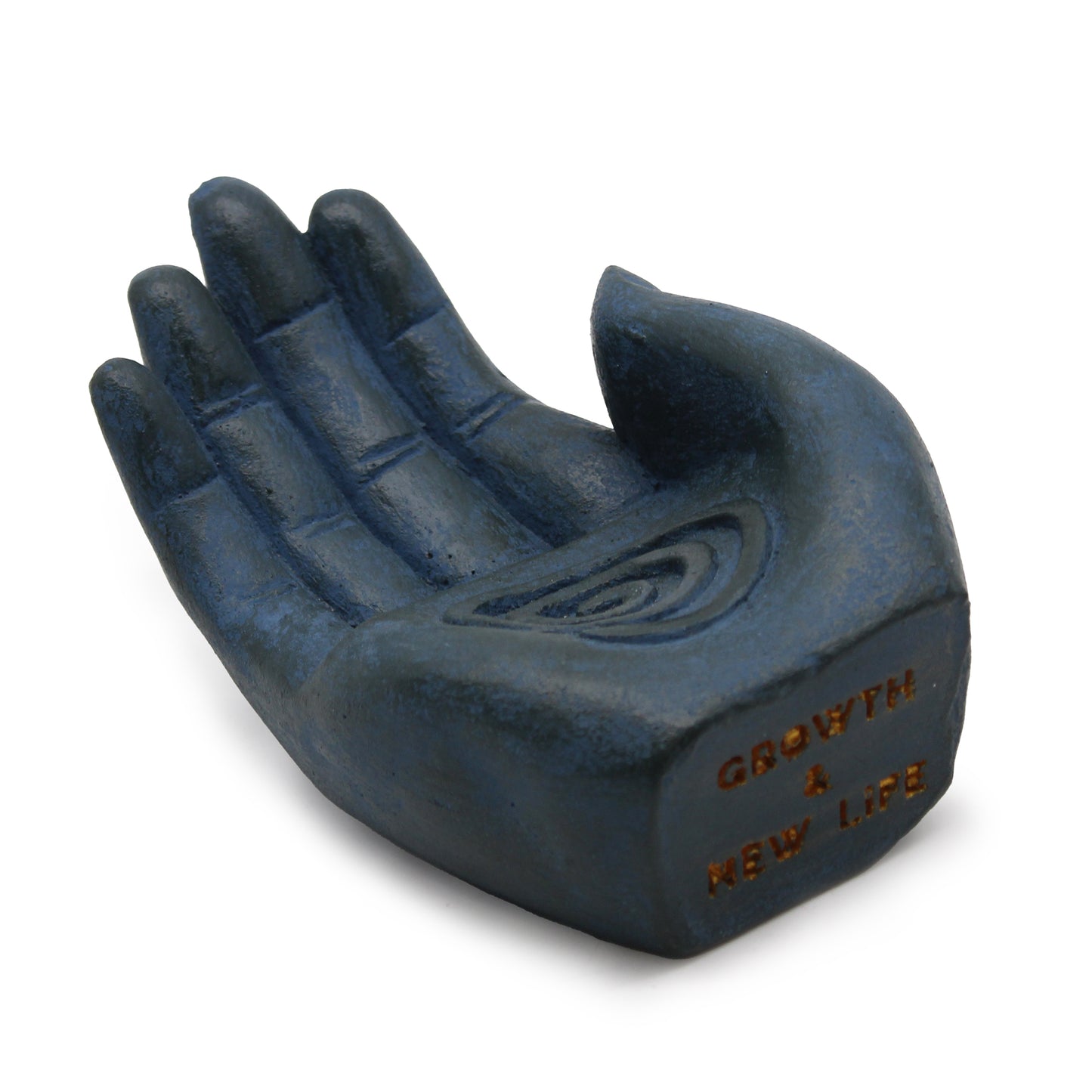 Blue hand-shaped incense burner with white background