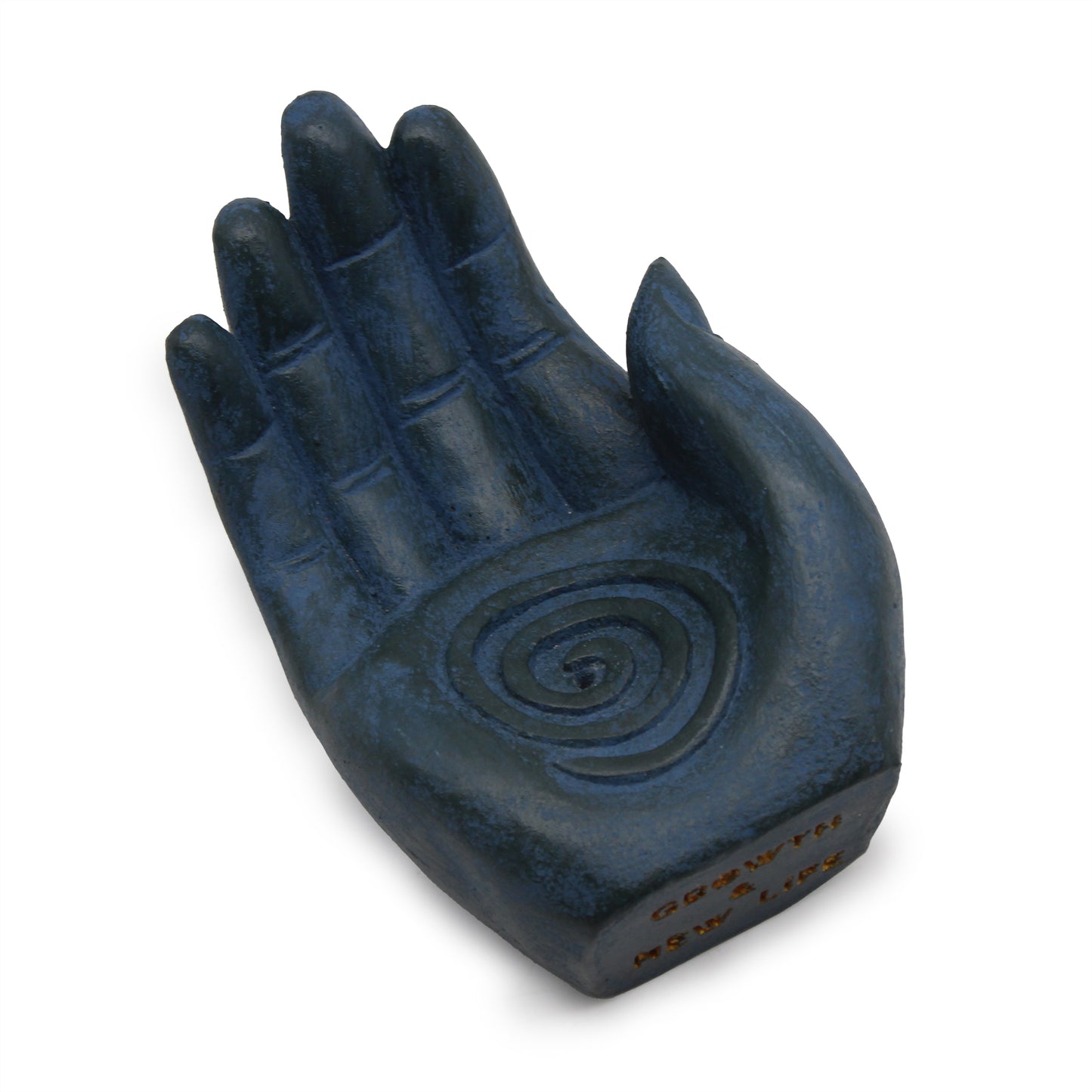Blue hand-shaped incense burner with white background