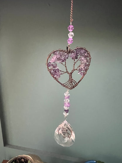 Amethyst Heart-Shaped Tree of Life Crystal Suncatcher Window Hanging Decor