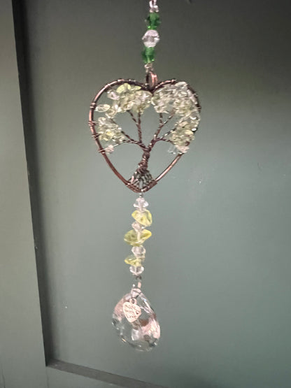 Peridot Heart-Shaped Tree of Life Crystal Suncatcher Window Hanging Decor