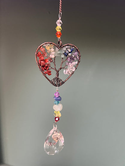 Chakra Heart-Shaped Tree of Life Crystal Suncatcher Window Hanging Decor