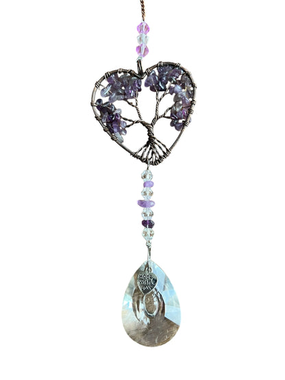 Amethyst Heart-Shaped Tree of Life Crystal Suncatcher Window Hanging Decor