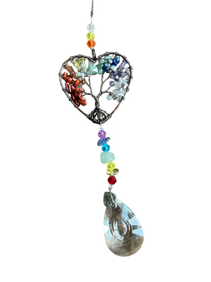 Chakra Heart-Shaped Tree of Life Crystal Suncatcher Window Hanging Decor