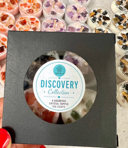 Discovery Collection Crystal Topped Soy Wax Tea Lights | Set of 4 Handmade Candles
