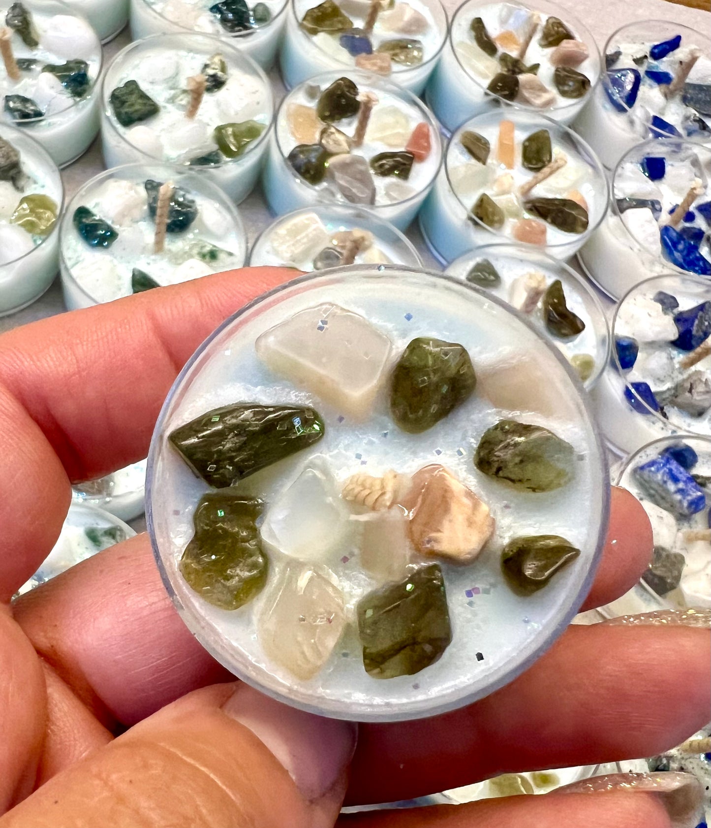 Wellness Collection Crystal Topped Soy Wax Tea Lights | Set of 4 Handmade Candles