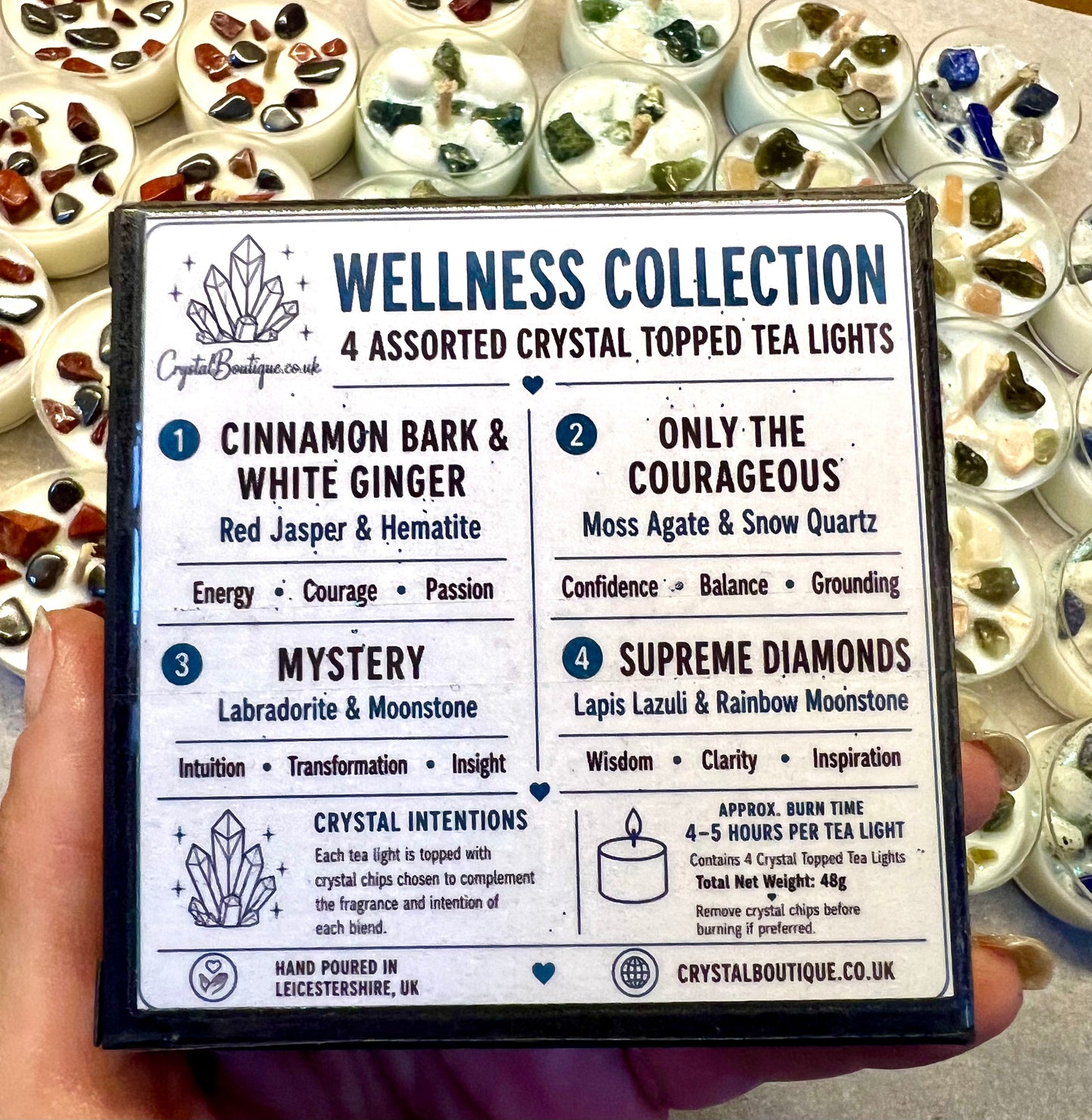 Packaging of Crystal Boutique wellness collection tea lights with crystal names and descriptions.