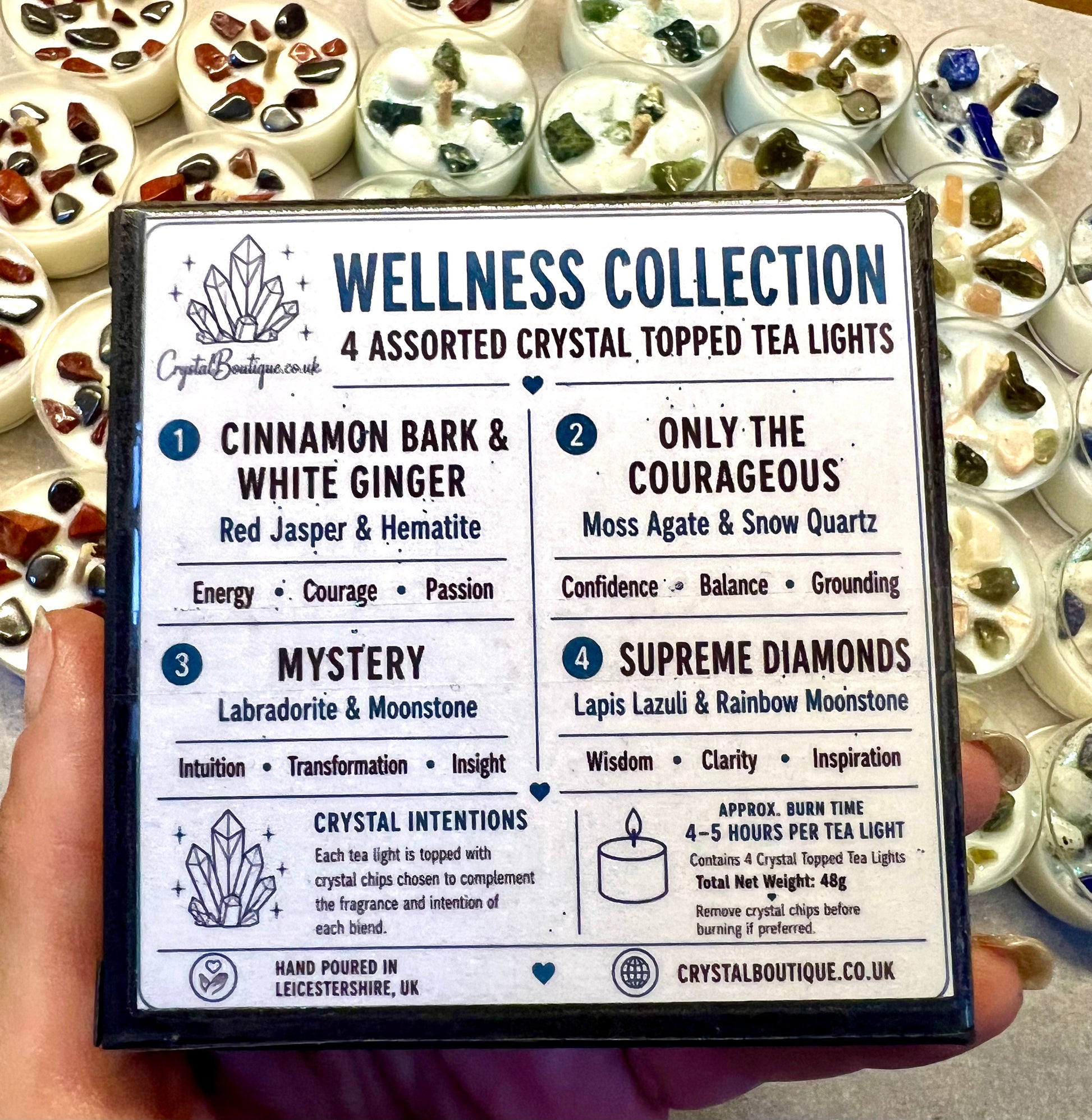Packaging of Crystal Boutique wellness collection tea lights with crystal names and descriptions.