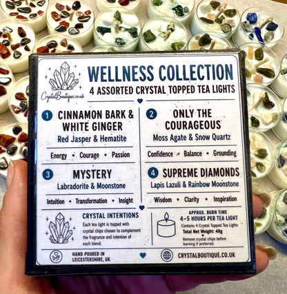 Packaging of Crystal Boutique wellness collection tea lights with crystal names and descriptions.