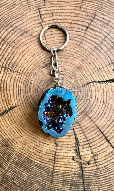 Blue aura quartz geode keyring on a silver-tone chain