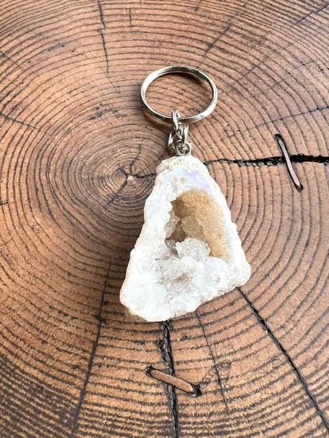 Angel aura quartz geode keyring on a silver-tone chain