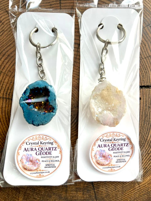 Blue and angel aura quartz geode keyrings on their gift cards