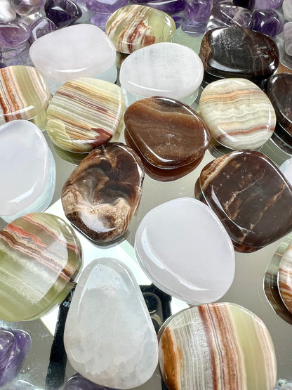 Onyx, Coffee Calcite, Mangano Calcite & Honey Calcite Polished Palmstones
