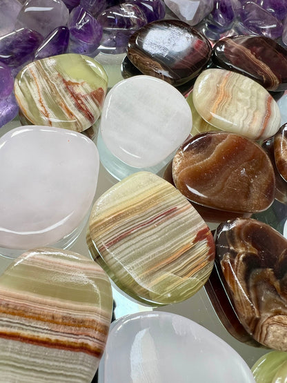 Onyx, Coffee Calcite, Mangano Calcite & Honey Calcite Polished Palmstones