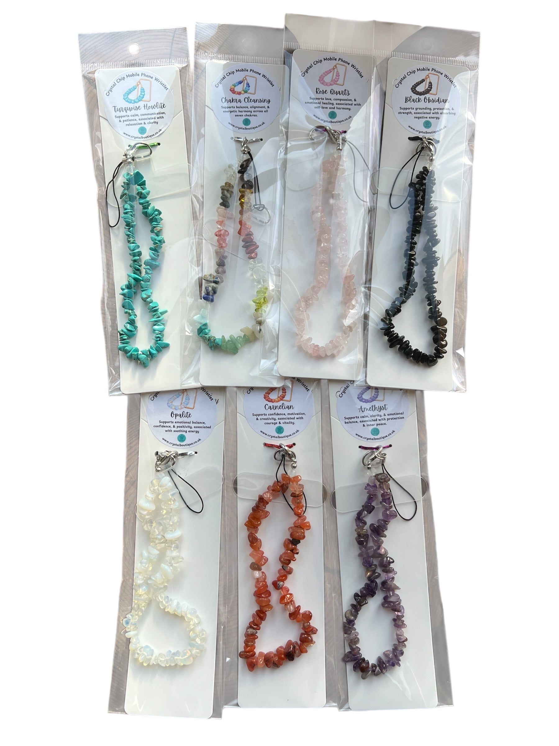 Crystal Chip Mobile Phone Wristlet Straps showing all variants of Turquoise howlite, chakra cleansing, rose quartz, black obsidian, opalite, carnelian and amethyst