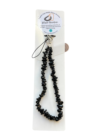Black Obsidian Crystal Chip Mobile Phone Wristlet Strap
