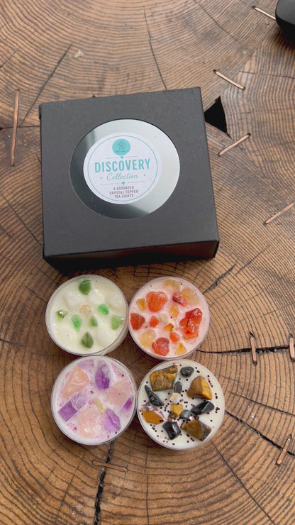 Discovery Collection Crystal Topped Soy Wax Tea Lights | Set of 4 Handmade Candles