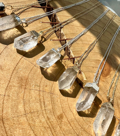 Clear Rock Quartz Rough Point Electroplated Pendant Necklace