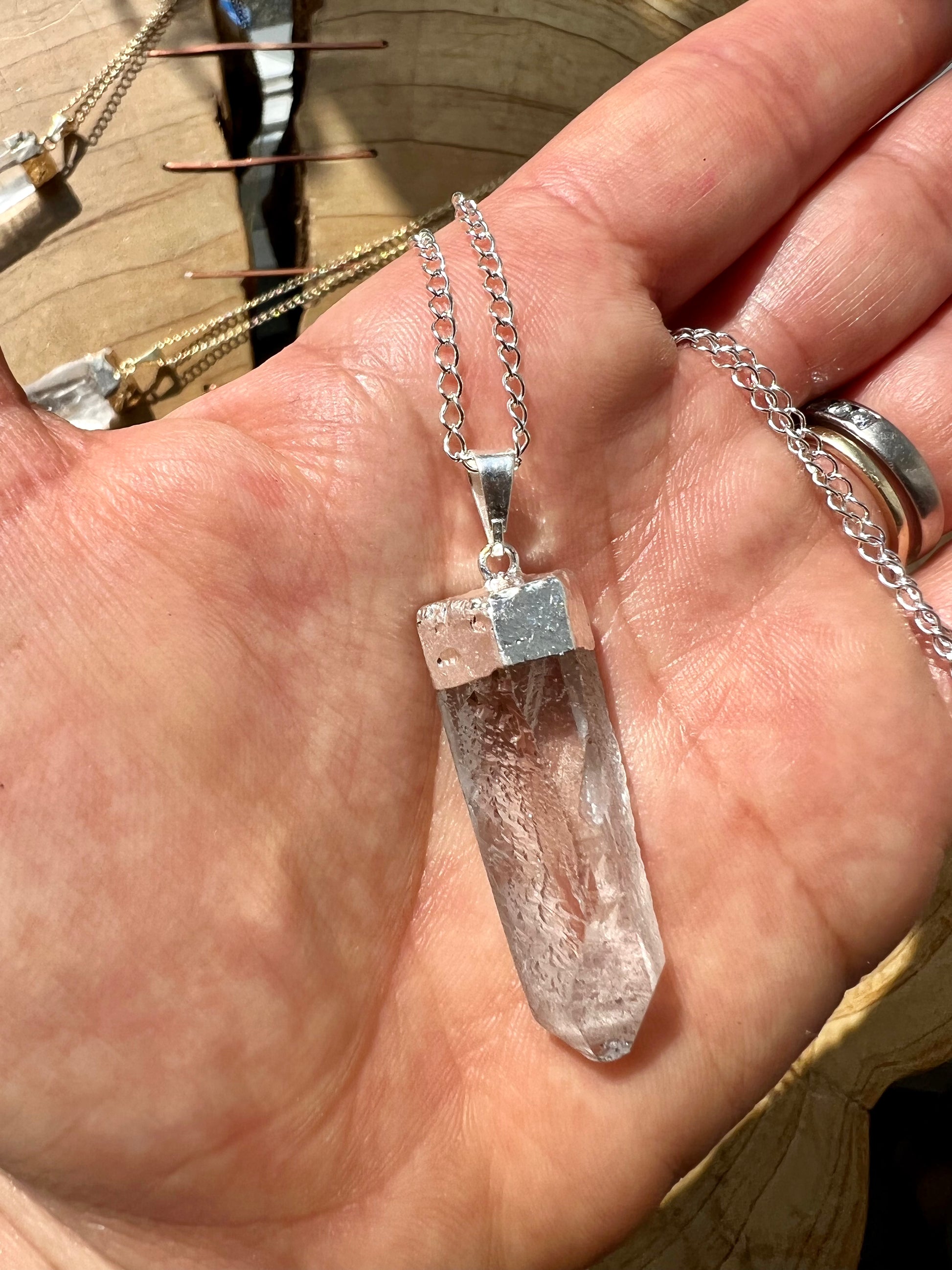 Clear Rock Quartz Rough Point Electroplated Pendant Necklace