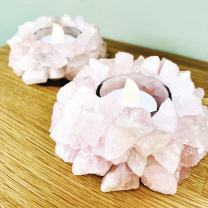 Rose Quartz Cluster Point Lotus Flower Natural Tea-Light Candle Holder - Crystal Boutique.co.uk